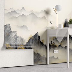 Tapet Zen Oriental cu munti acoperiti de vegetatie tomnatica - MISTY MOUNTAIN SERENITY