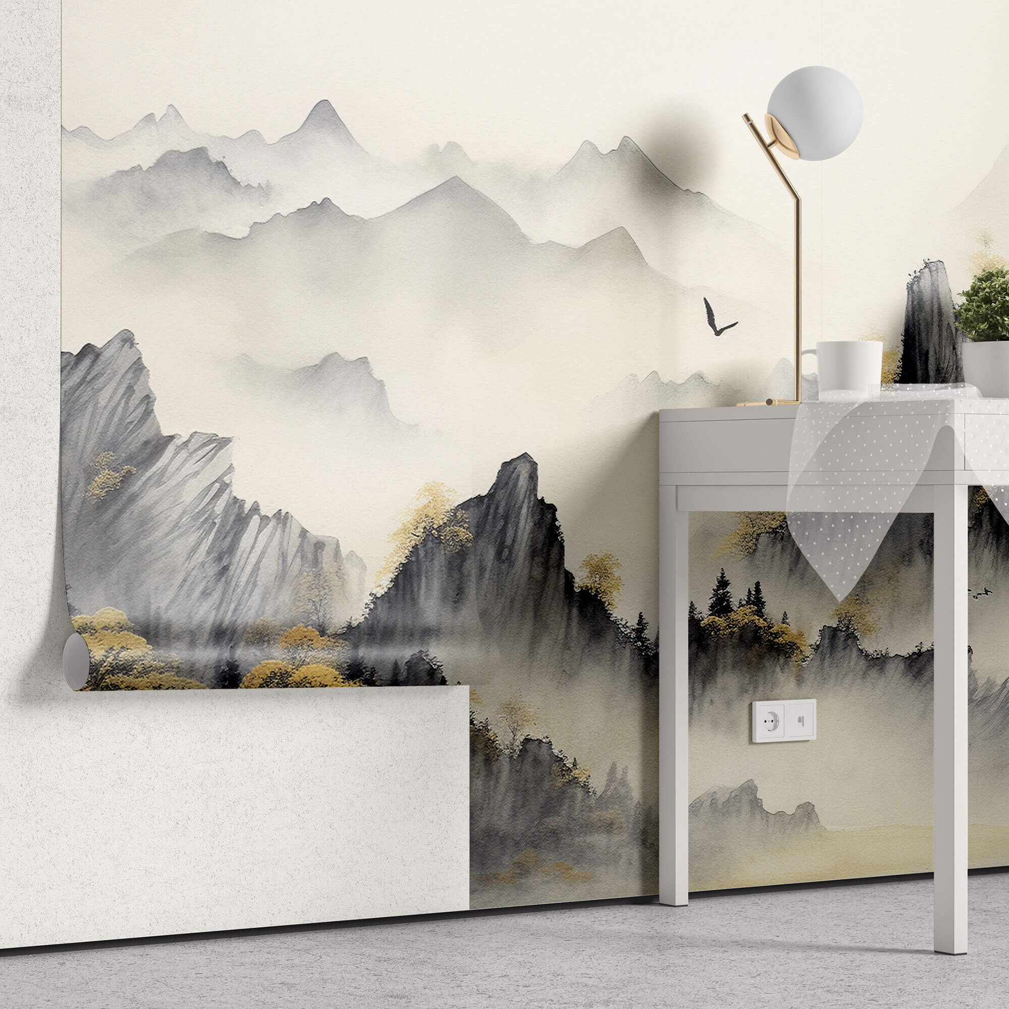 Tapet Zen Oriental cu munti acoperiti de vegetatie tomnatica - MISTY MOUNTAIN SERENITY