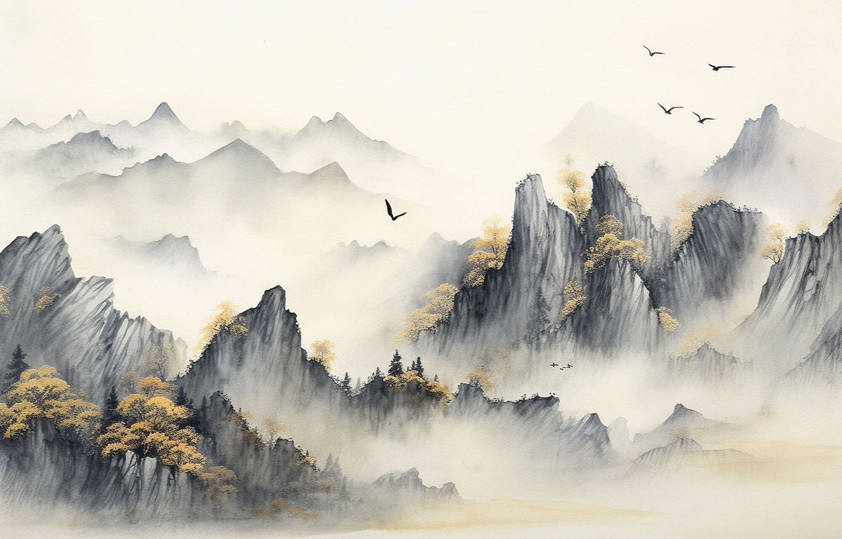 Tapet Zen Oriental cu munti acoperiti de vegetatie tomnatica - MISTY MOUNTAIN SERENITY