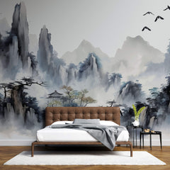 Tapet Zen Oriental cu peisaj abstrac asiatic cu textura neclara - HIDDEN MOUNTAIN TEMPLE
