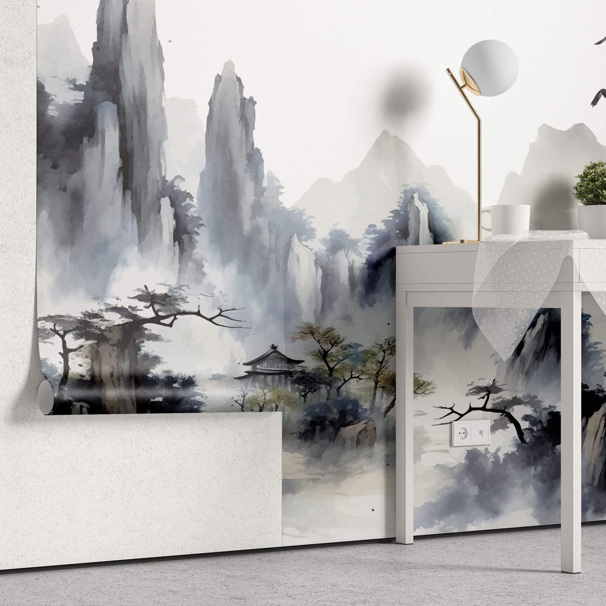 Tapet Zen Oriental cu peisaj abstrac asiatic cu textura neclara - HIDDEN MOUNTAIN TEMPLE