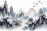 Tapet Zen Oriental cu peisaj abstrac asiatic cu textura neclara - HIDDEN MOUNTAIN TEMPLE