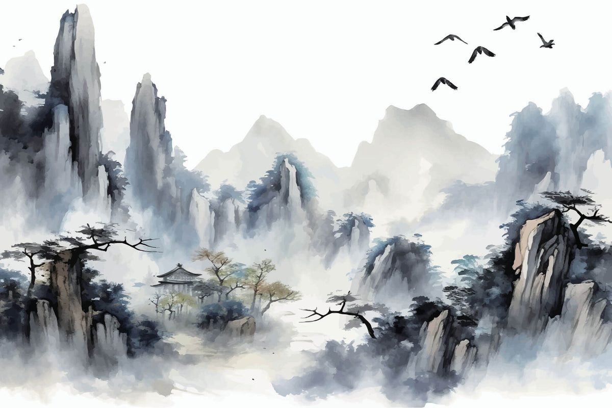 Tapet Zen Oriental cu peisaj abstrac asiatic cu textura neclara - HIDDEN MOUNTAIN TEMPLE