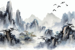 Tapet Zen Oriental cu peisaj abstrac asiatic cu textura neclara - HIDDEN MOUNTAIN TEMPLE