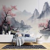 Tapet Zen Oriental cu munti inalti si ciresi infloriti cu aspect neclar - MOUNTAIN CHERRY TREES