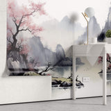 Tapet Zen Oriental cu munti inalti si ciresi infloriti cu aspect neclar - MOUNTAIN CHERRY TREES