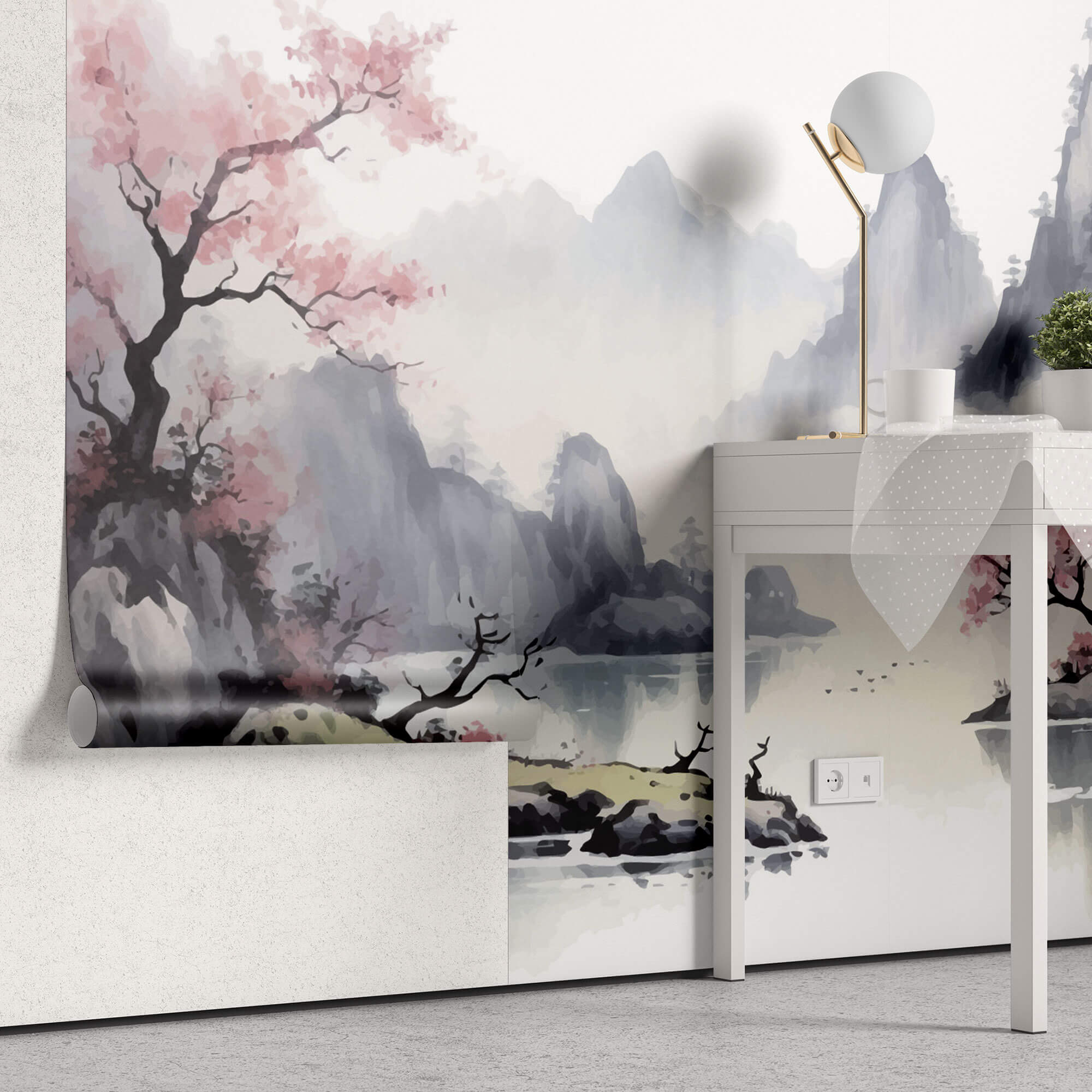Tapet Zen Oriental cu munti inalti si ciresi infloriti cu aspect neclar - MOUNTAIN CHERRY TREES