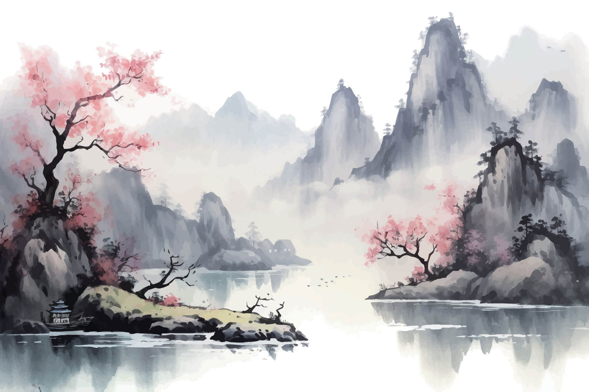 Tapet Zen Oriental cu munti inalti si ciresi infloriti cu aspect neclar - MOUNTAIN CHERRY TREES