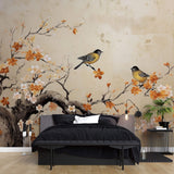 Tapet Zen Oriental cu copaci infloriti in nuante de portocaliu si pasari - FLORAL PERCH