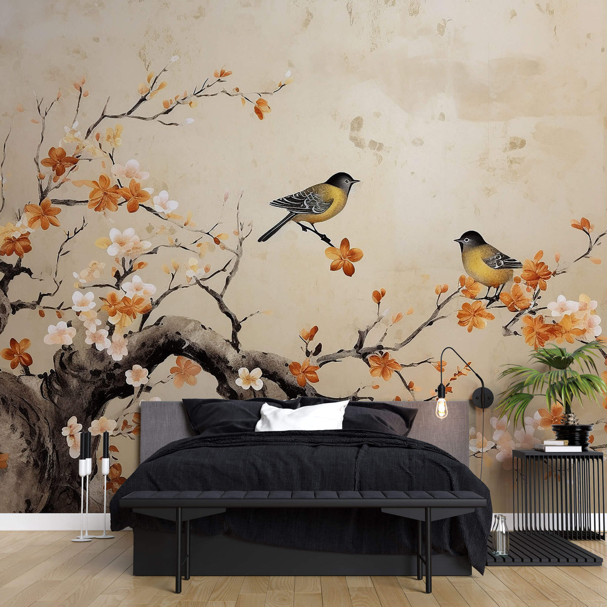Tapet Zen Oriental cu copaci infloriti in nuante de portocaliu si pasari - FLORAL PERCH