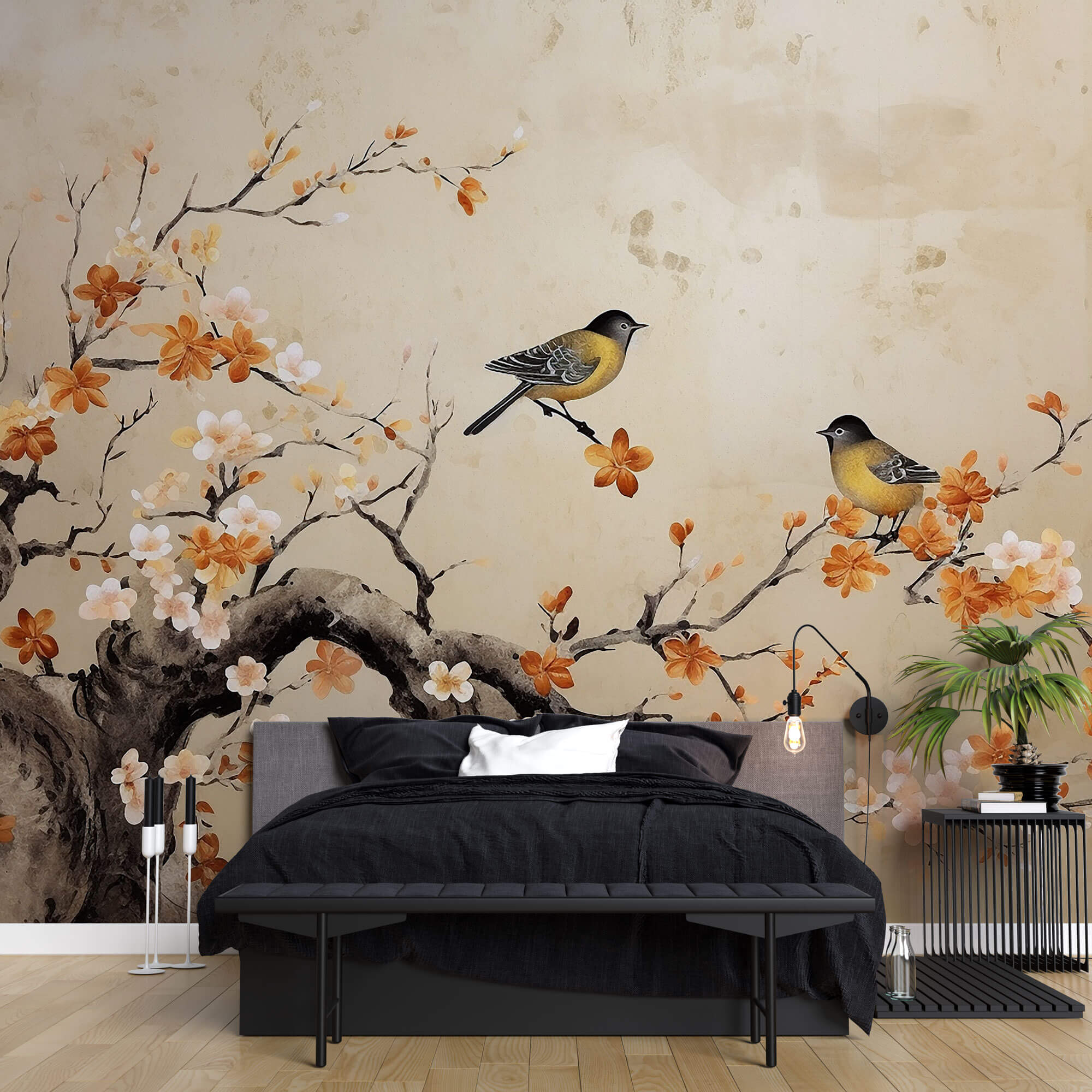 Tapet Zen Oriental cu copaci infloriti in nuante de portocaliu si pasari - FLORAL PERCH