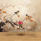 Tapet Zen Oriental cu copaci infloriti in nuante de portocaliu si pasari - FLORAL PERCH