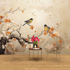 Tapet Zen Oriental cu copaci infloriti in nuante de portocaliu si pasari - FLORAL PERCH