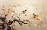 Tapet Zen Oriental cu copaci infloriti in nuante de portocaliu si pasari - FLORAL PERCH