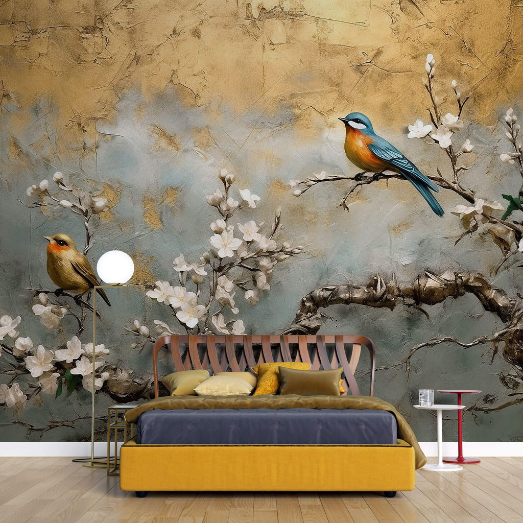 Tapet Zen Oriental cu cires alb inflorit si pasari - PLASTER GOLD CHINOISERIE