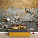 Tapet Zen Oriental cu cires alb inflorit si pasari - PLASTER GOLD CHINOISERIE