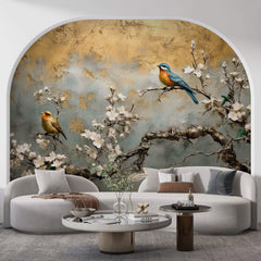 Tapet Zen Oriental cu cires alb inflorit si pasari - PLASTER GOLD CHINOISERIE