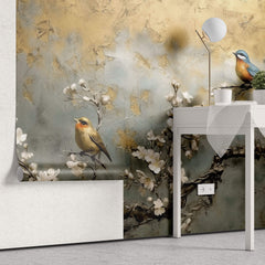 Tapet Zen Oriental cu cires alb inflorit si pasari - PLASTER GOLD CHINOISERIE