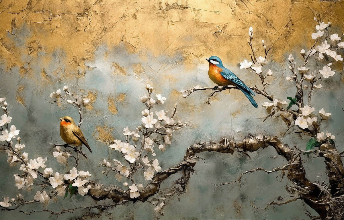 Tapet Zen Oriental cu cires alb inflorit si pasari - PLASTER GOLD CHINOISERIE