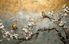 Tapet Zen Oriental cu cires alb inflorit si pasari - PLASTER GOLD CHINOISERIE