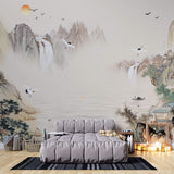 Tapet Zen Oriental cu peisaj traditional montan asiatic cu egrete si case - TRADITIONAL MOUNTAIN VILLAGE