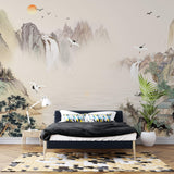 Tapet Zen Oriental cu peisaj traditional montan asiatic cu egrete si case - TRADITIONAL MOUNTAIN VILLAGE