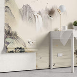 Tapet Zen Oriental cu peisaj traditional montan asiatic cu egrete si case - TRADITIONAL MOUNTAIN VILLAGE