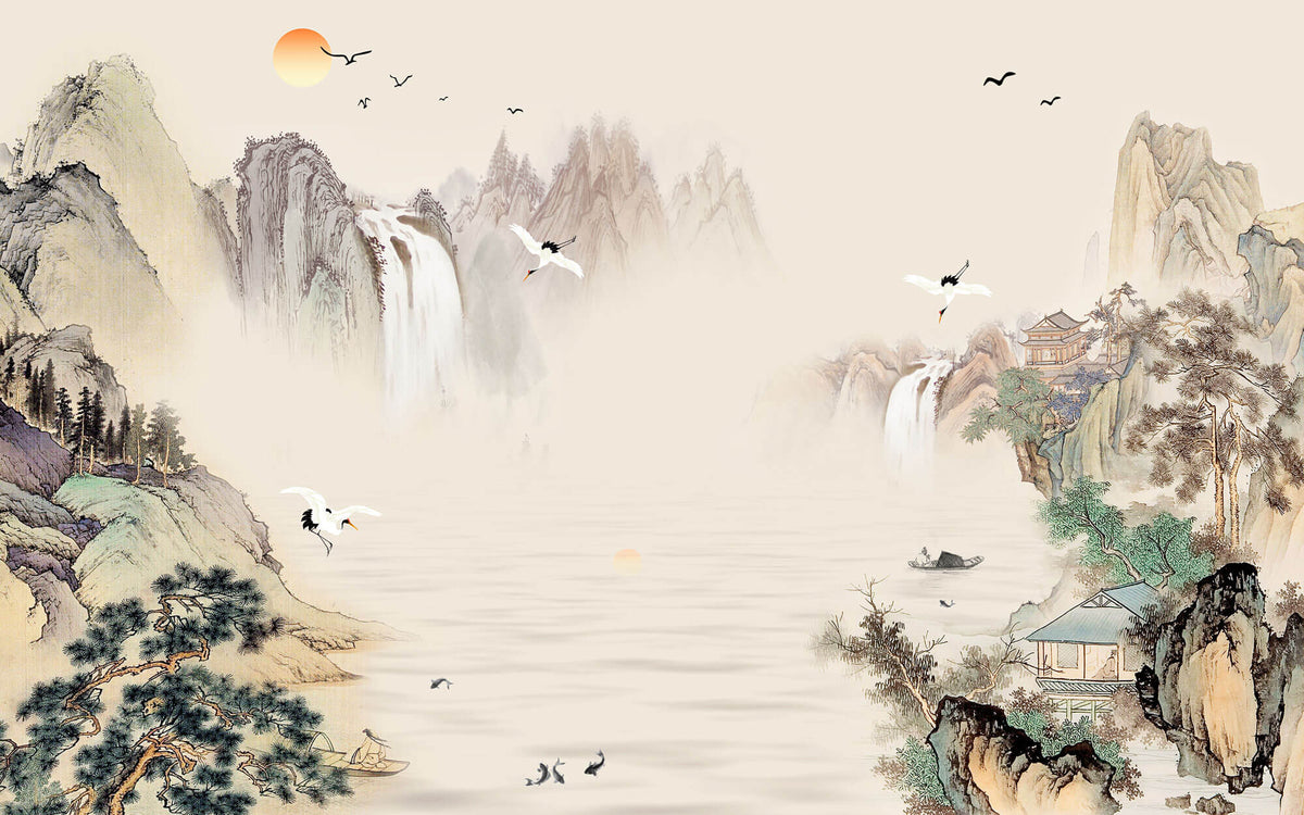 Tapet Zen Oriental cu peisaj traditional montan asiatic cu egrete si case - TRADITIONAL MOUNTAIN VILLAGE