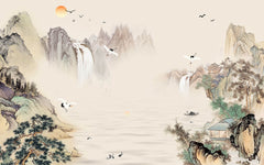 Tapet Zen Oriental cu peisaj traditional montan asiatic cu egrete si case - TRADITIONAL MOUNTAIN VILLAGE