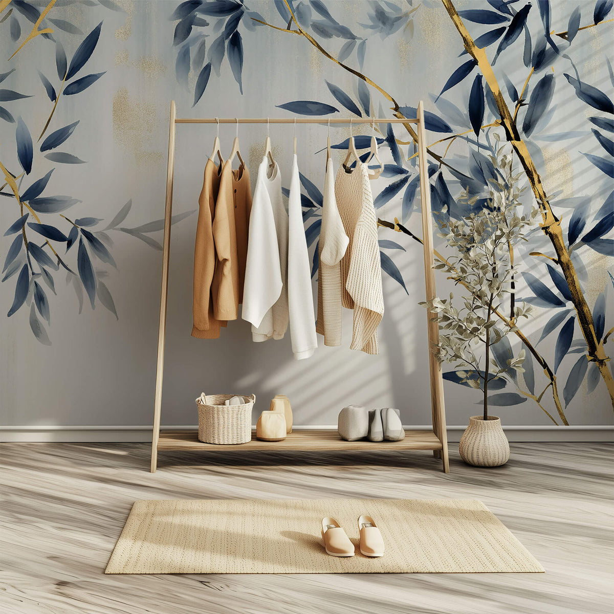 Tapet Zen Oriental cu bambus albastru - GOLD BRANCH BAMBOO