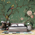 Tapet Zen Oriental cu copac inflorit si pasari pe un fundal verde - VINTAGE AVIAN BLOOMS