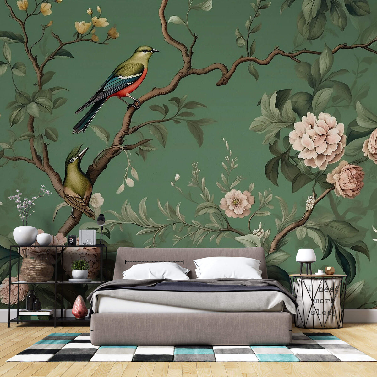 Tapet Zen Oriental cu copac inflorit si pasari pe un fundal verde - VINTAGE AVIAN BLOOMS