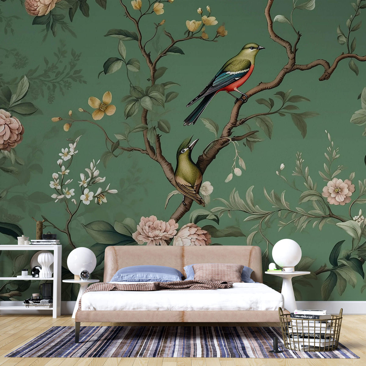 Tapet Zen Oriental cu copac inflorit si pasari pe un fundal verde - VINTAGE AVIAN BLOOMS