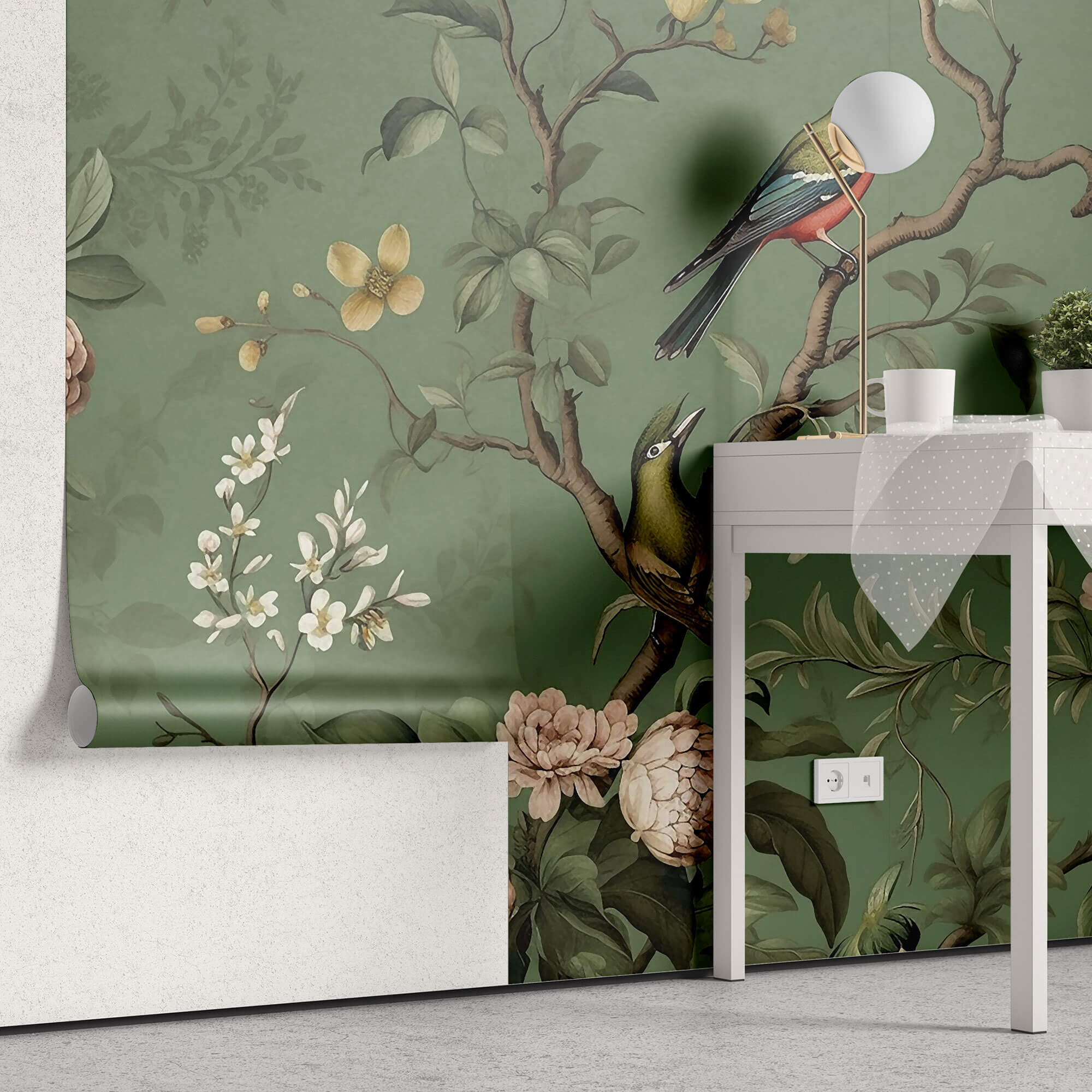 Tapet Zen Oriental cu copac inflorit si pasari pe un fundal verde - VINTAGE AVIAN BLOOMS