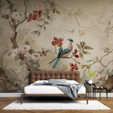 Tapet Zen Oriental cu copac inflorit si pasari intr-un fundal vintage - FEATHERED HARMONY
