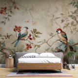 Tapet Zen Oriental cu copac inflorit si pasari intr-un fundal vintage - FEATHERED HARMONY