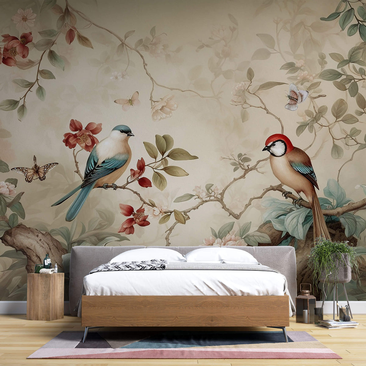 Tapet Zen Oriental cu copac inflorit si pasari intr-un fundal vintage - FEATHERED HARMONY