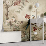 Tapet Zen Oriental cu copac inflorit si pasari intr-un fundal vintage - FEATHERED HARMONY