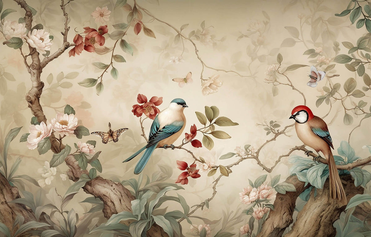 Tapet Zen Oriental cu copac inflorit si pasari intr-un fundal vintage - FEATHERED HARMONY