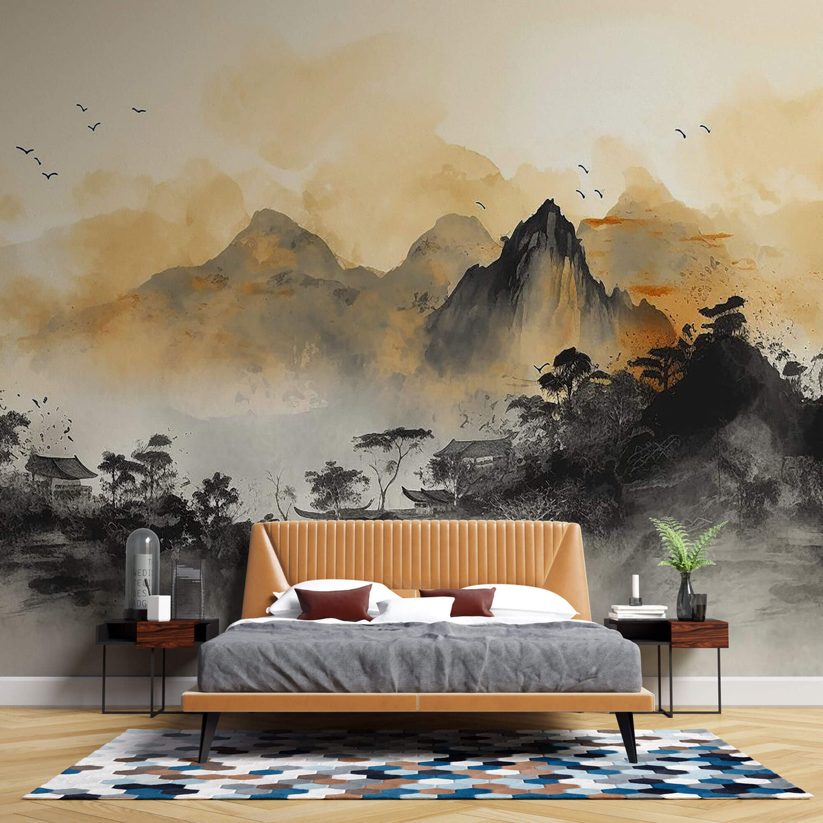 Tapet Zen Oriental cu peisaj montan aflat la apus - SERENE AFTERNOON