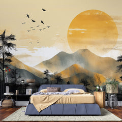 Tapet Zen Oriental cu peisaj montan aflat la apus si pasari pe cer - QUIET SUNSET