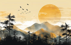 Tapet Zen Oriental cu peisaj montan aflat la apus si pasari pe cer - QUIET SUNSET