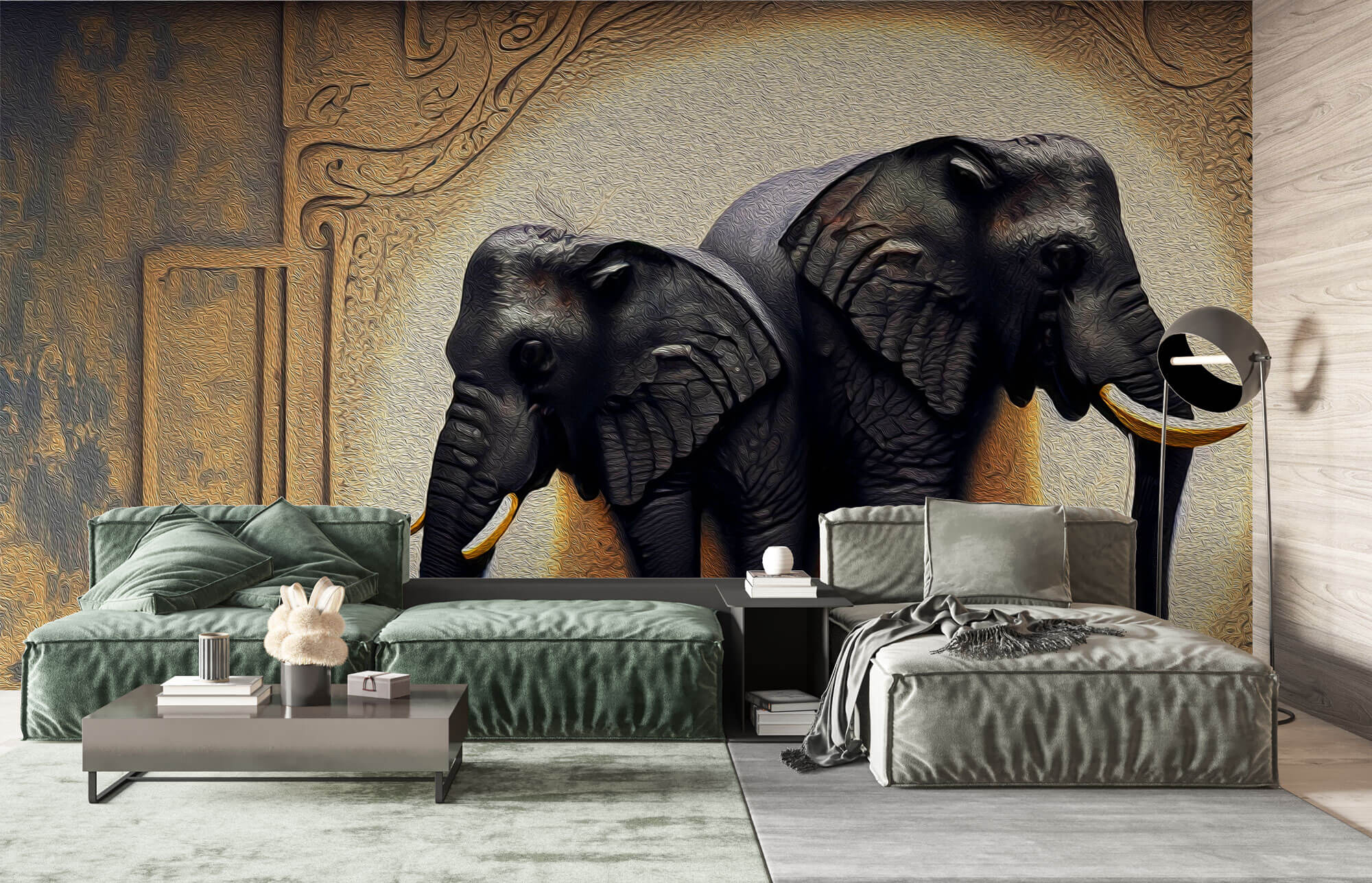Tapet Zen Oriental cu elefanti ilustrati in textura abstracta - OIL PAINTED ELEPHANTS