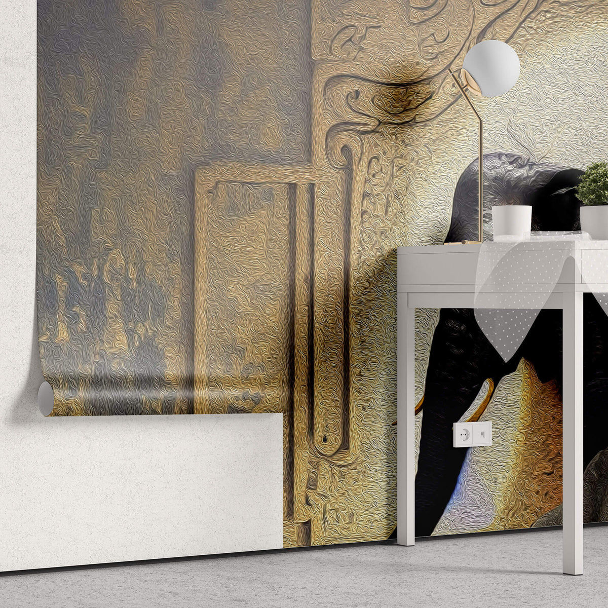 Tapet Zen Oriental cu elefanti ilustrati in textura abstracta - OIL PAINTED ELEPHANTS