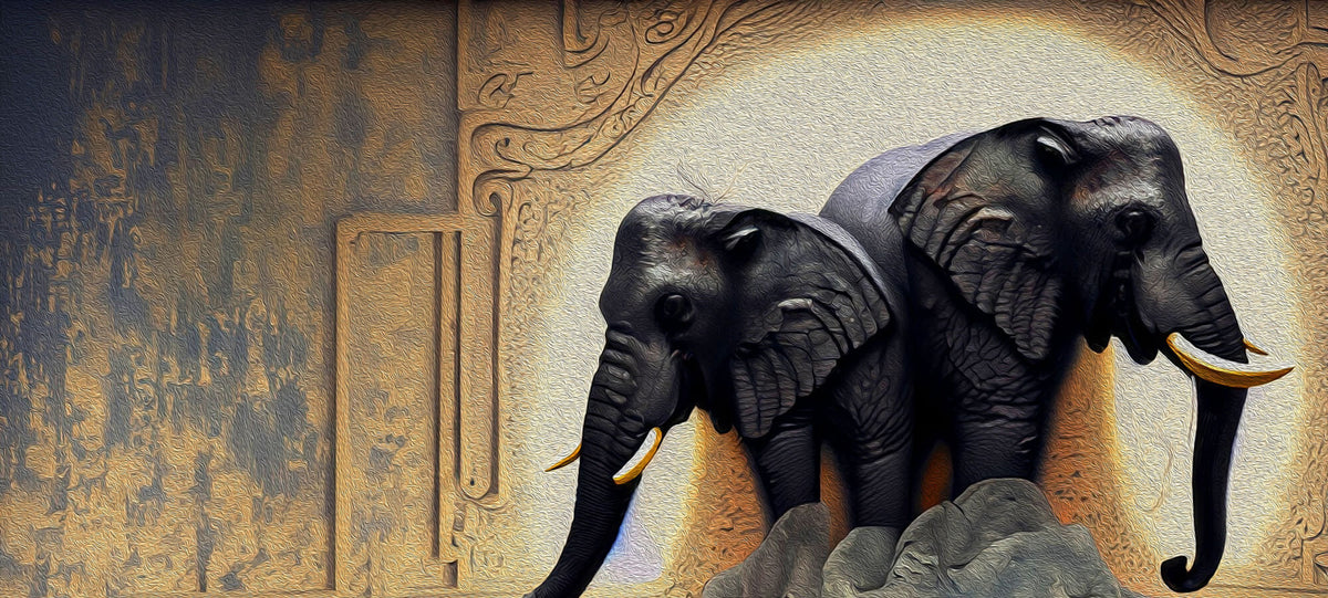 Tapet Zen Oriental cu elefanti ilustrati in textura abstracta - OIL PAINTED ELEPHANTS