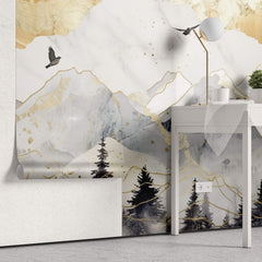 Tapet Zen Oriental cu munti cu insertii aurii - GOLDEN SKY MOUNTAINS