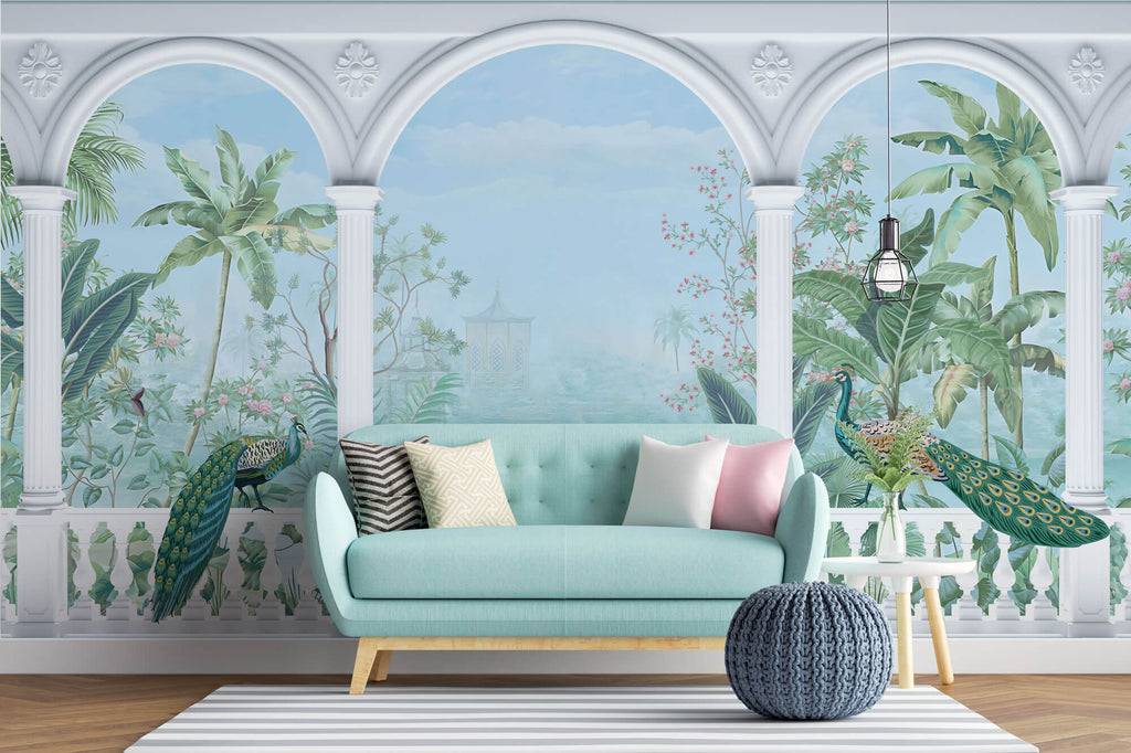 Tapet Zen Oriental cu priveliste spre gradina inflorita si pauni - ORIENTAL VIEW COLUMNS
