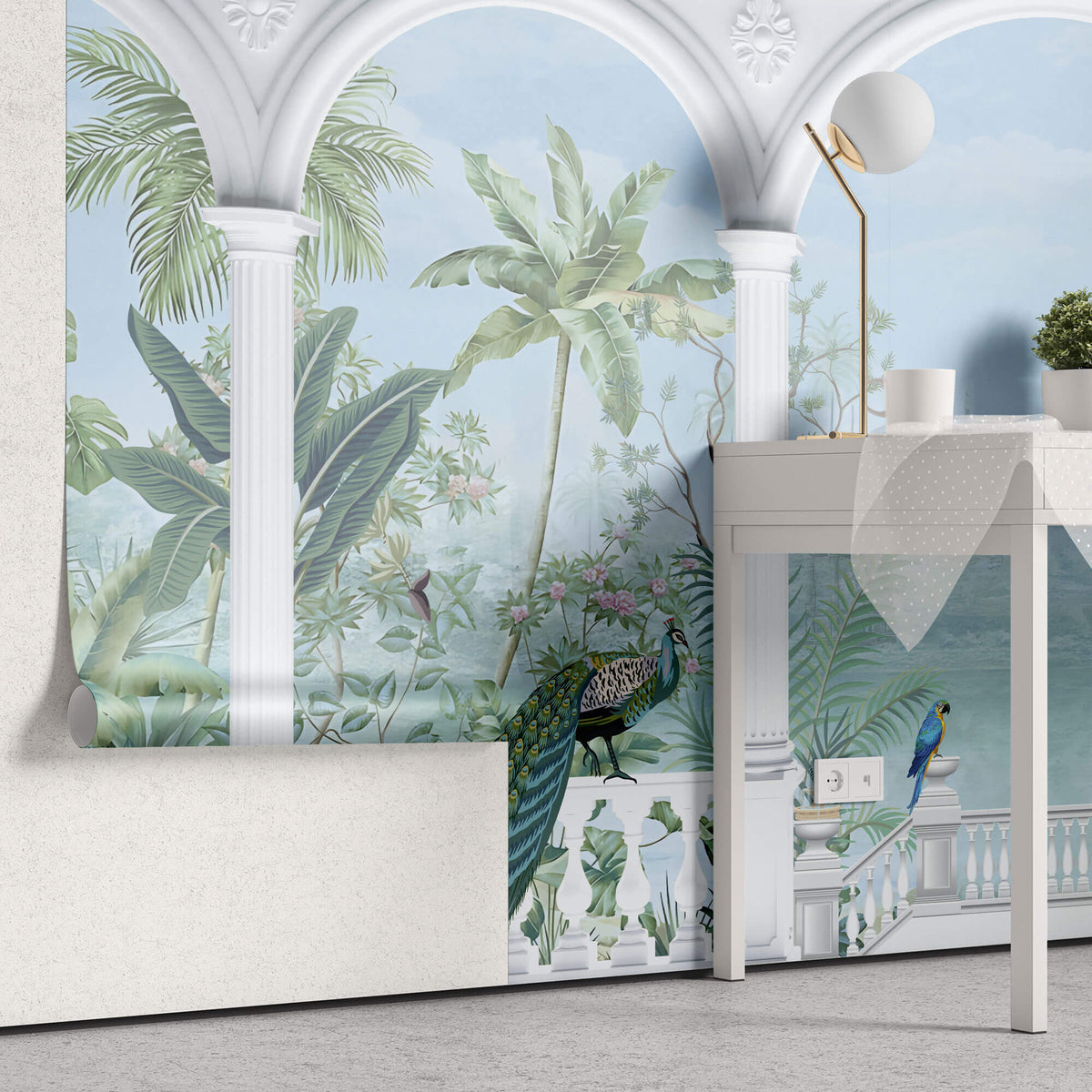 Tapet Zen Oriental cu priveliste spre gradina inflorita si pauni - ORIENTAL VIEW COLUMNS