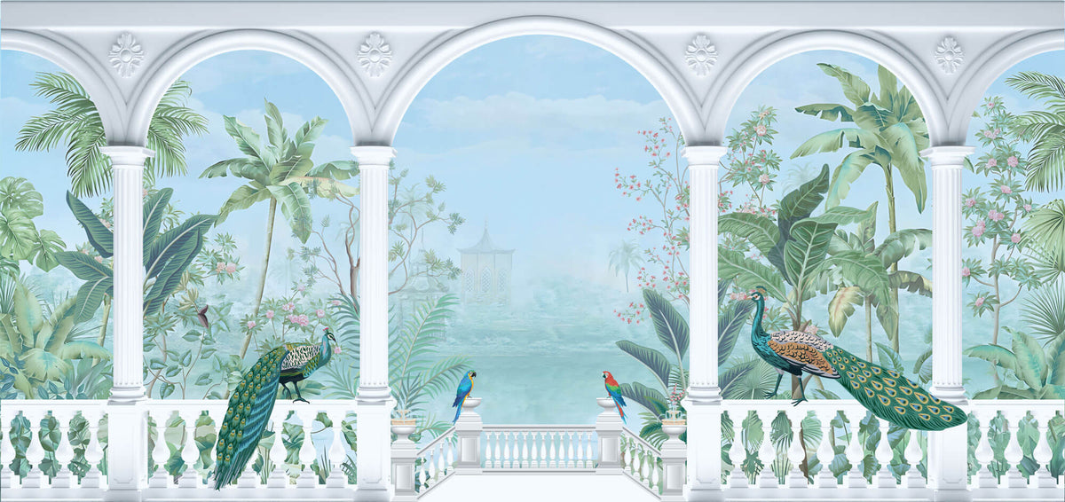 Tapet Zen Oriental cu priveliste spre gradina inflorita si pauni - ORIENTAL VIEW COLUMNS