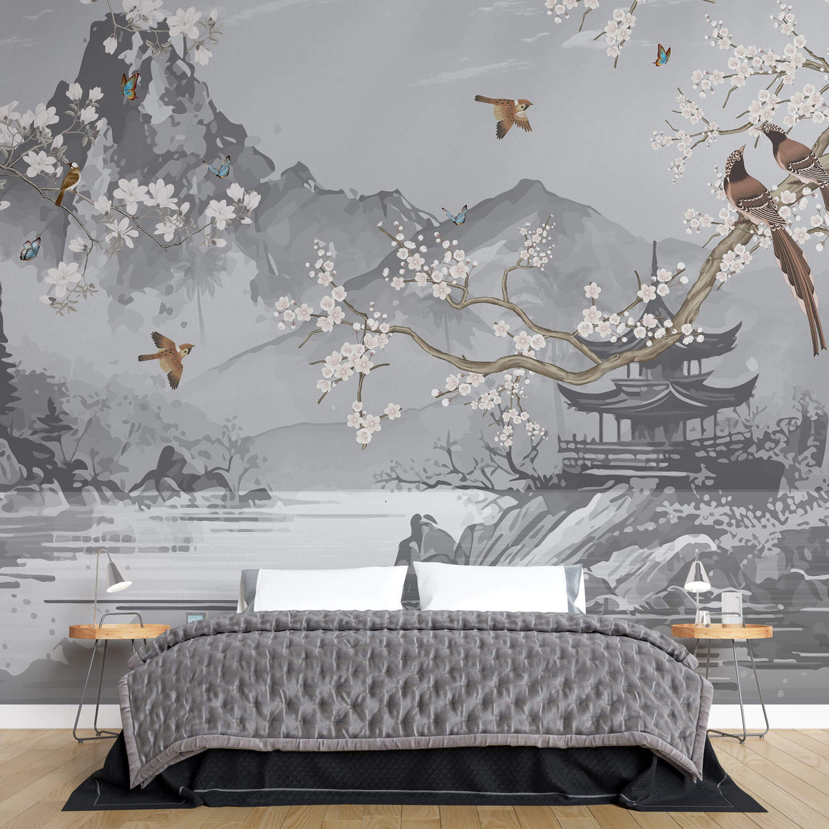 Tapet Zen Oriental cu munti si templu gri si ciresi albi infloriti cu pasari - CHINOISERIE AESTHETIC